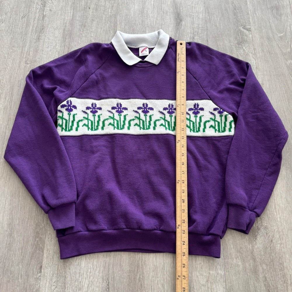 Vintage Purple Iris Floral Collar Sweatshirt XL Made in USA Cottagecore Granny - Picture 4 of 5